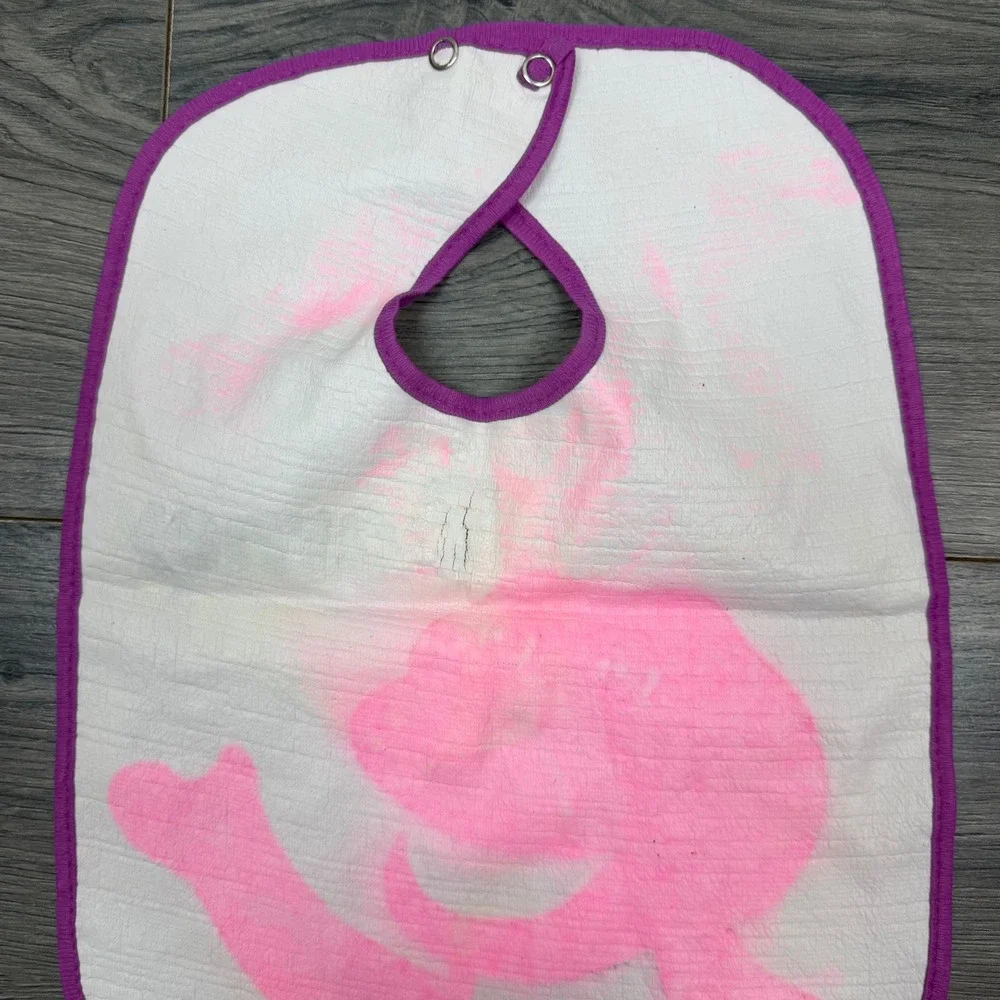 Vintage 1993 Barney the Dinosaur Baby Bib White Purple Waterproof Snap Lyons 90s